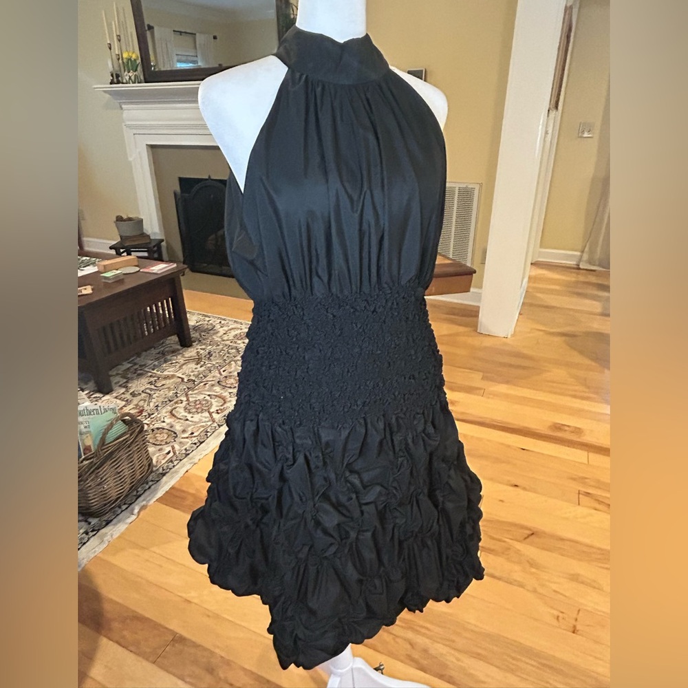 Gracia Elegant Black Halter Women’s Smocked Waist Bubble Hem Dress - Picture 3 of 14